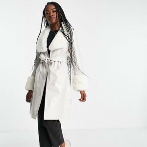 Women’s Ivory Faux Fur-Trim Patent Trench Coat